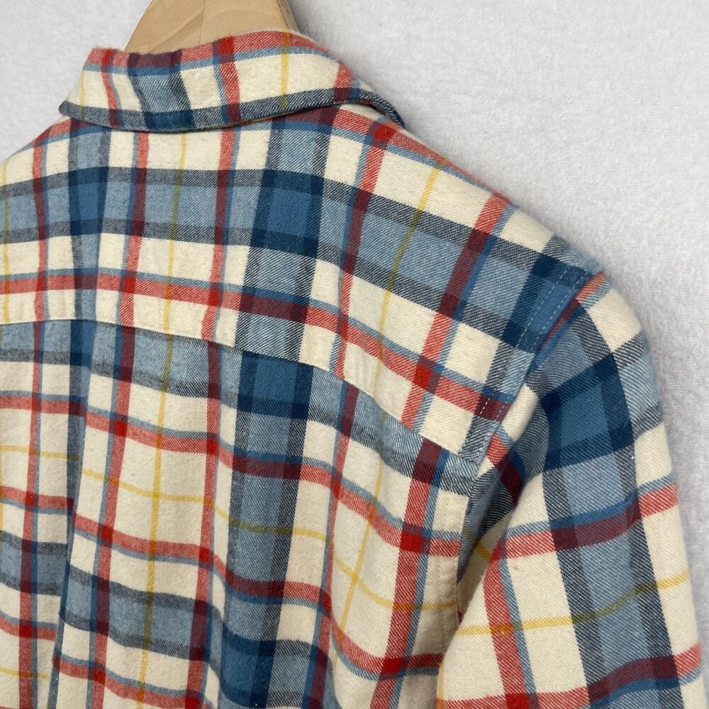 LL BEAN Top Womens S Scotch Plaid Flannel Shirt Relaxed Fit Button Up Ivory Blue - Picture 8 of 16